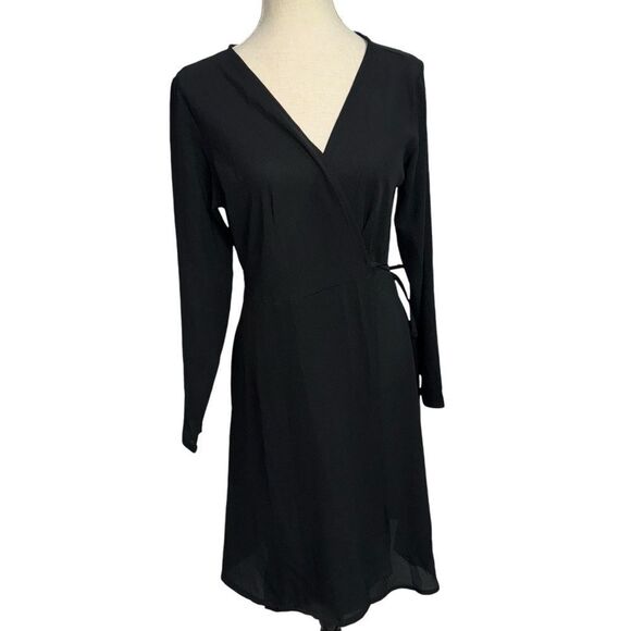NEW NWT Solid Black Long Sleeve Knee Length Tie Front Wrap Dress size 10 - Picture 3 of 12